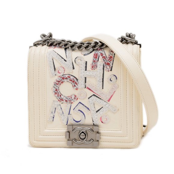 CHANEL Boy Chanel Chain Shoulder Bag Leather Canvas White AS3018 - Picture 1 of 10